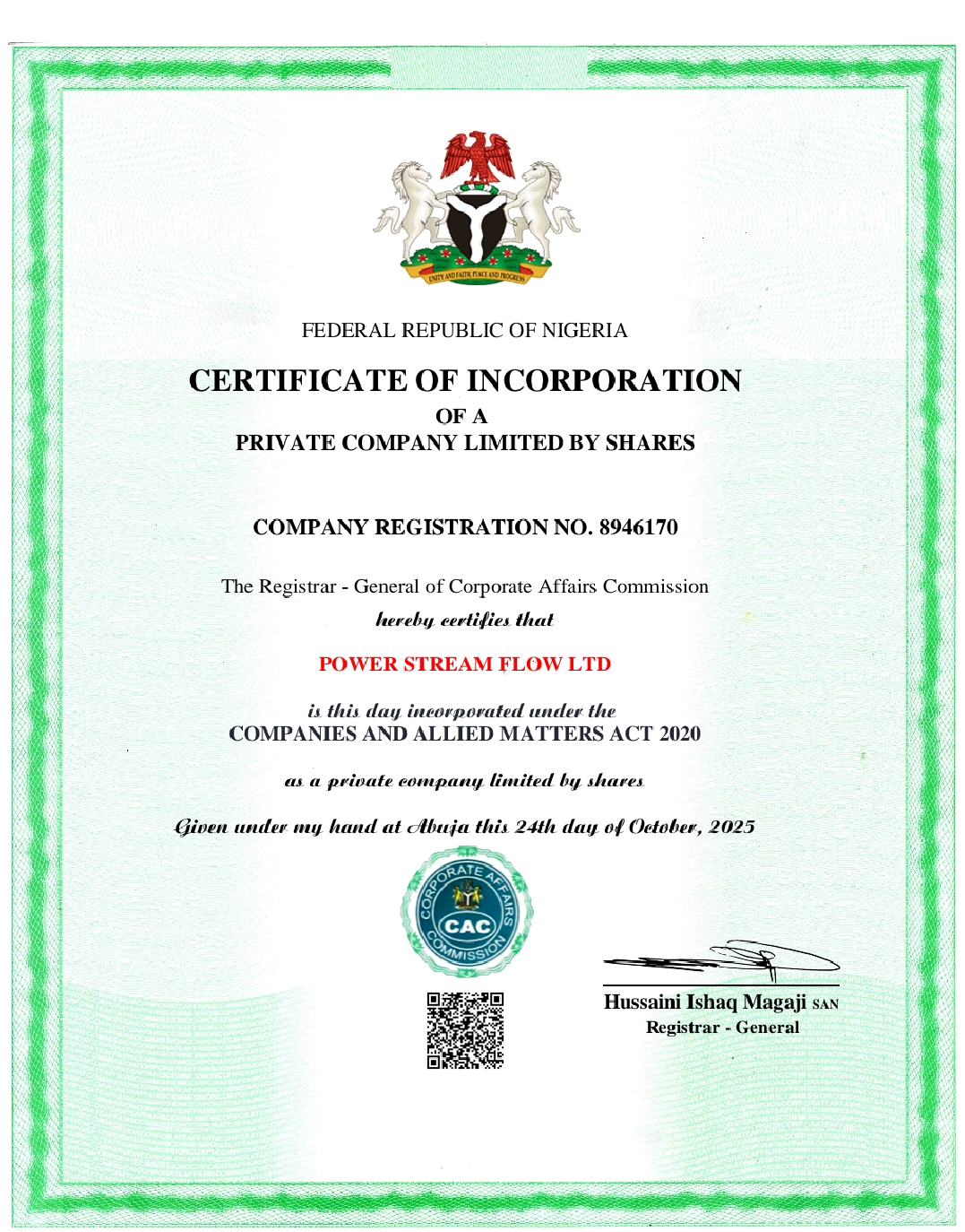 PowerStream Flow Ltd Certificate of Incorporation